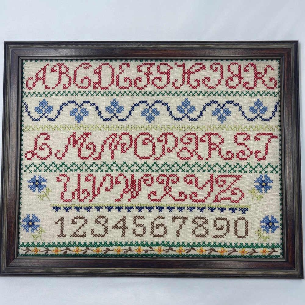 Vintage Alphabet Cross Stitch Sampler Framed Primitive Wall Decor 15x12